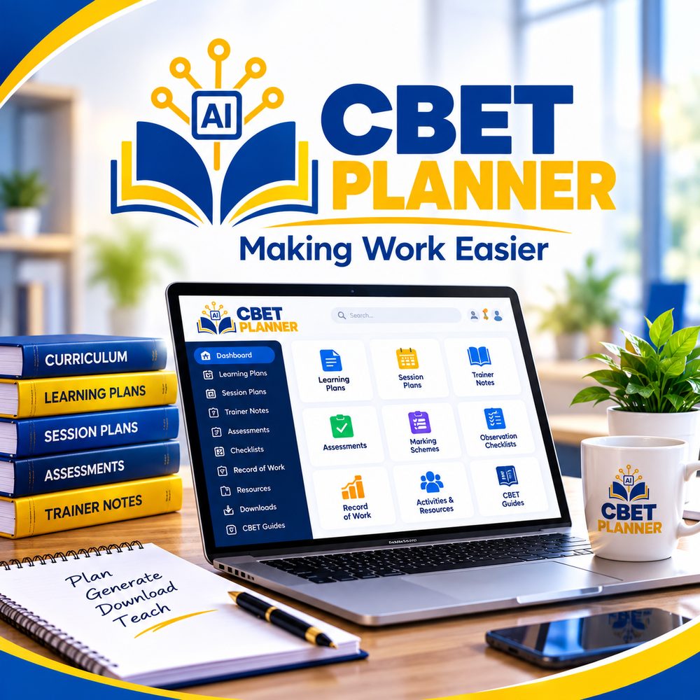 CBET Planner, making work easier: the dashboard open on a laptop beside curriculum, learning plan, session plan and assessment books